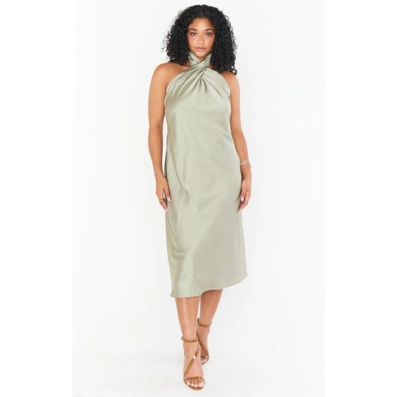 Show Me Your MuMu Dresses & Skirts - NWT Show Me Your Mumu Jasmine Halter Midi Dress Moss Green Luxe Satin S